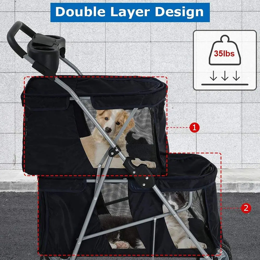 Durable Foldable Double Pet Stroller For Small Medium Dogs And Cats