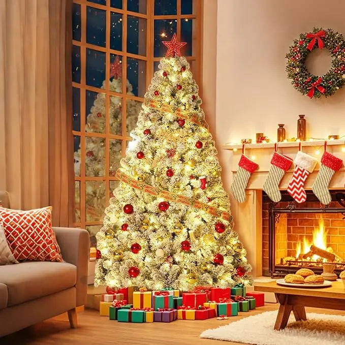 HiMISS Pre Lit Snowy Artificial Christmas Tree With Led Lights