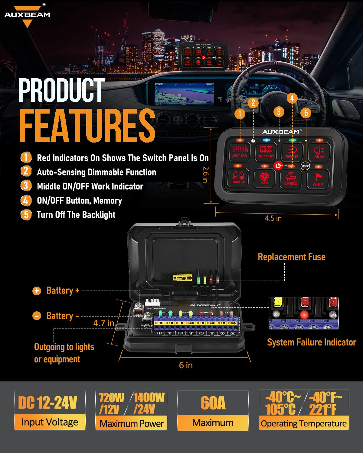 Auxbeam SixToEight Gang LED Switch Panel For Truck Caravan Boat