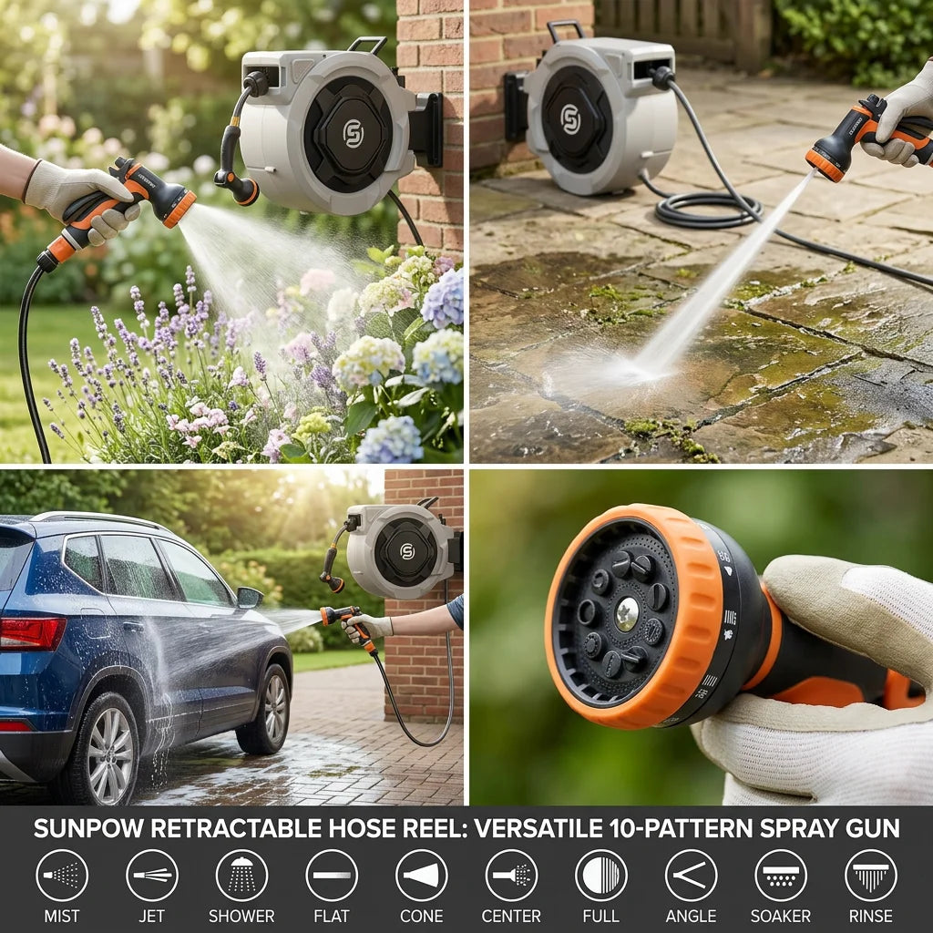 SUNPOW Retractable Garden Hose Reel,5/8in×100FT Wall‑Mount Heavy‑Duty Reel,Any Length Lock,Pulley Guide Rail System,Leak‑Proof 3/4in Brass Fitting,10‑Function Spray Nozzle,180° Swivel Bracket,Auto Rewind for Garden