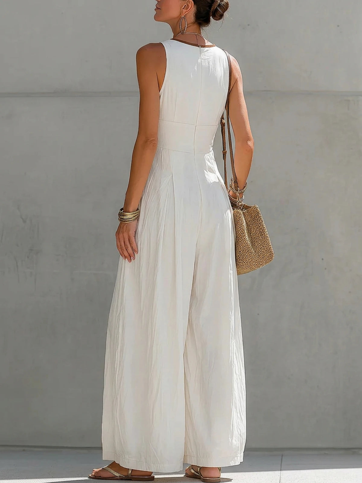 Women'S Sleeveless V Neck Zipper Wide Leg Polyester Jumpsuit