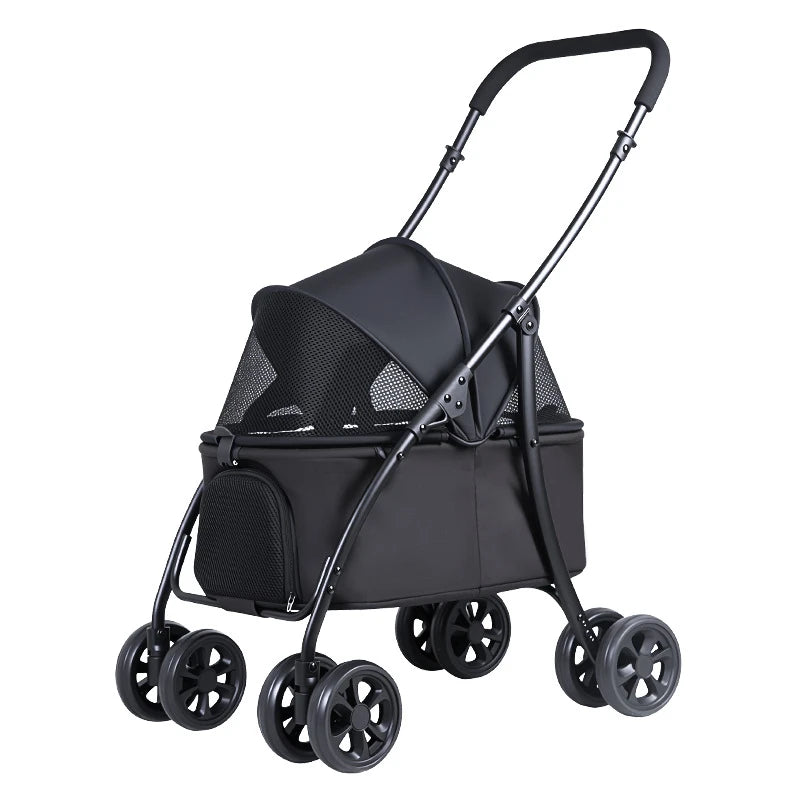 4-Wheel Foldable Pet Stroller with Low 19cm Chassis, Shock-Absorbing 360° Swivel Wheels, Breathable Mesh Windows & Storage Pocket, One-Click Folding Travel Cart for Small Medium Dogs & Cats