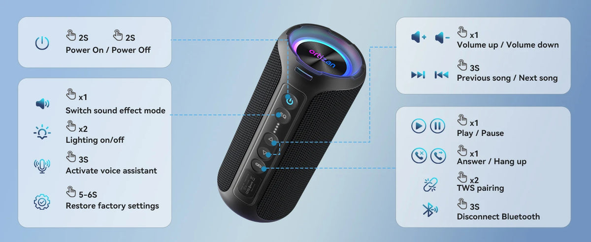 Ortizan Portable Bluetooth Speaker With Deep Bass And RGB Lighting