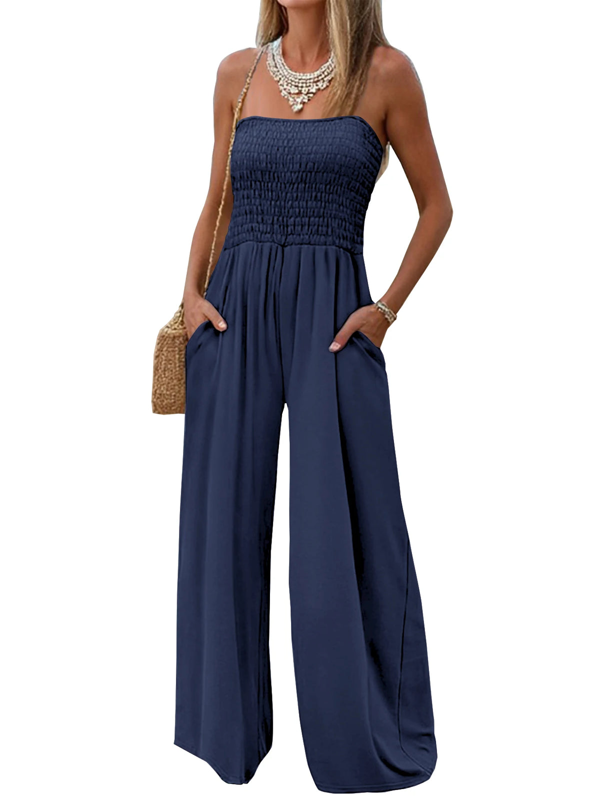 Women's Solid Color Strapless Polyester Jumpsuit Casual Style