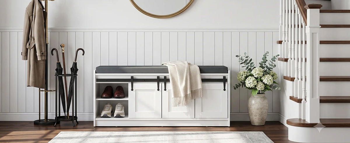TinyNest Shoe Storage Bench With Linen Cushion Entryway Cabinet