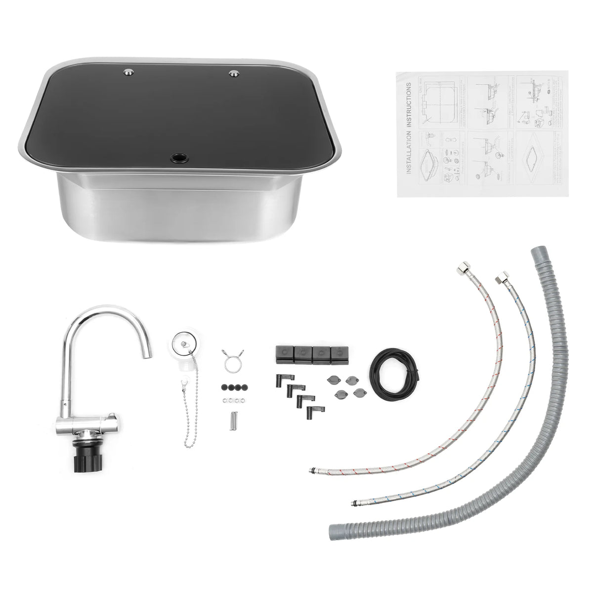 RV Sink With Foldable Tempered Glass Cover And Faucet Stainless Steel Camper Van