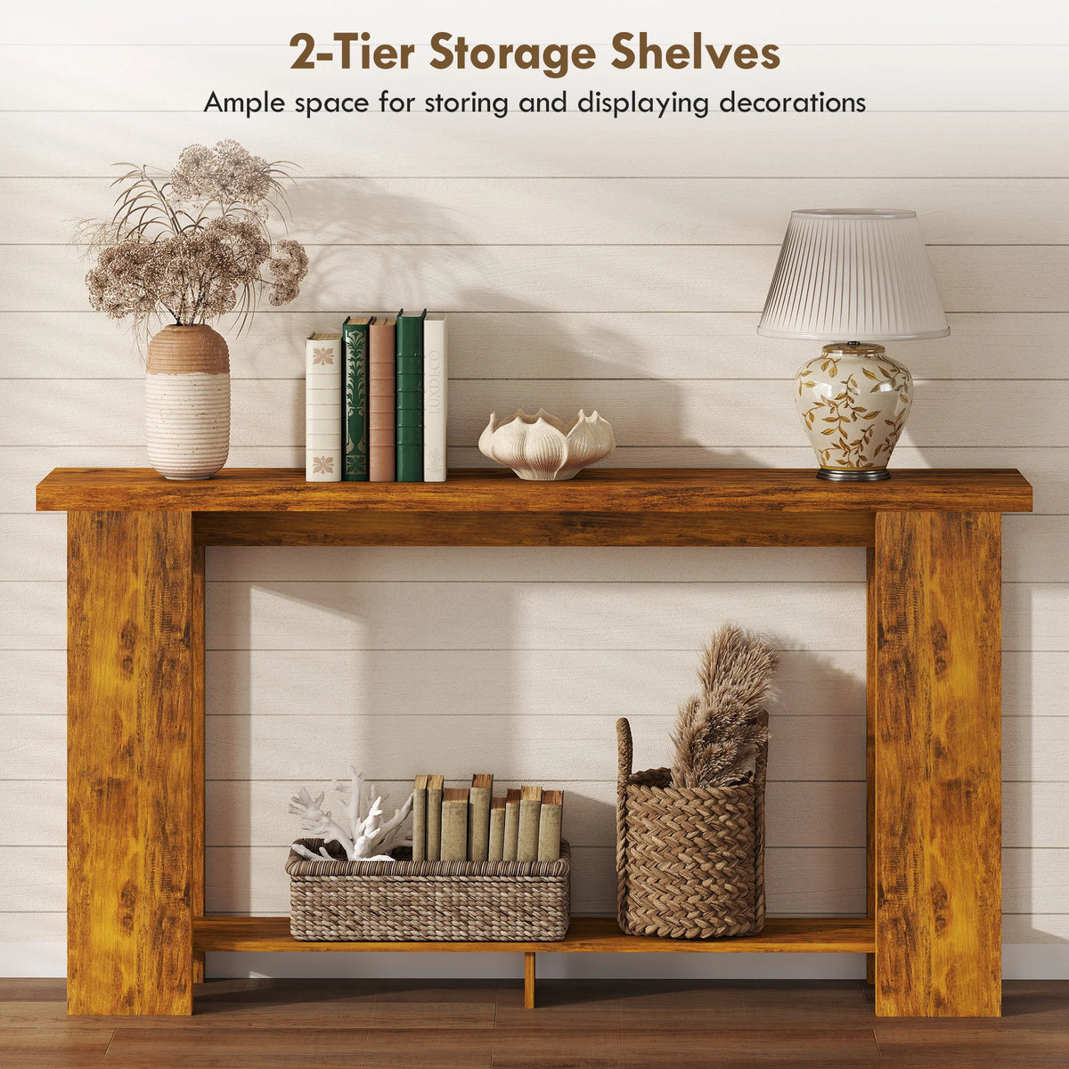 Wooden Entryway Console Table With Storage Shelf Farmhouse Style