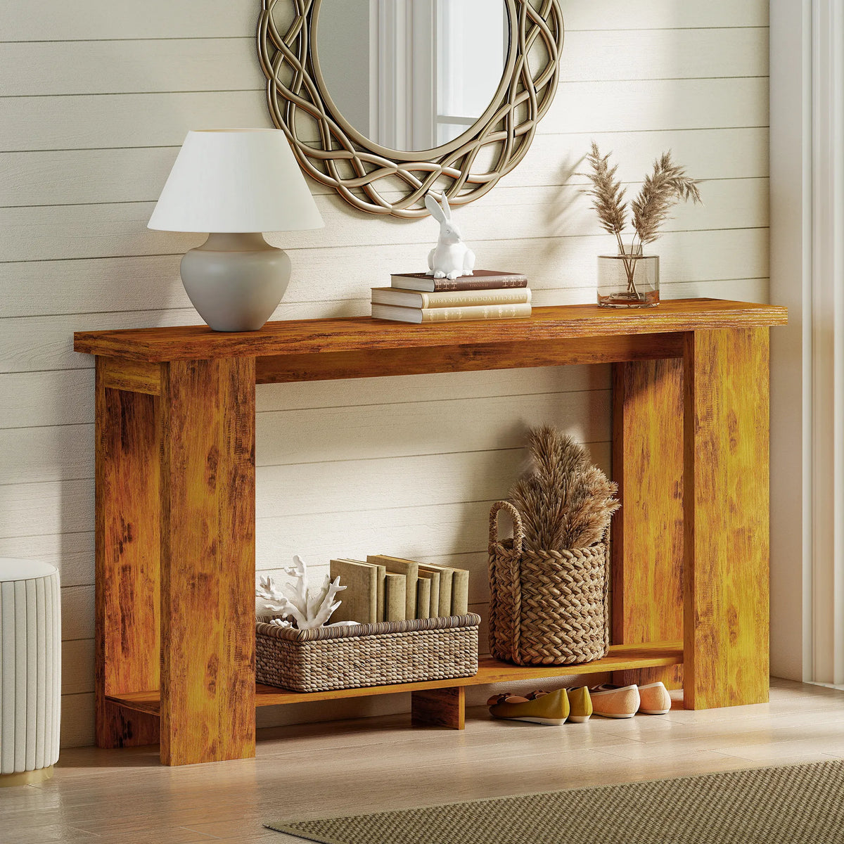 Wooden Entryway Console Table With Storage Shelf Farmhouse Style