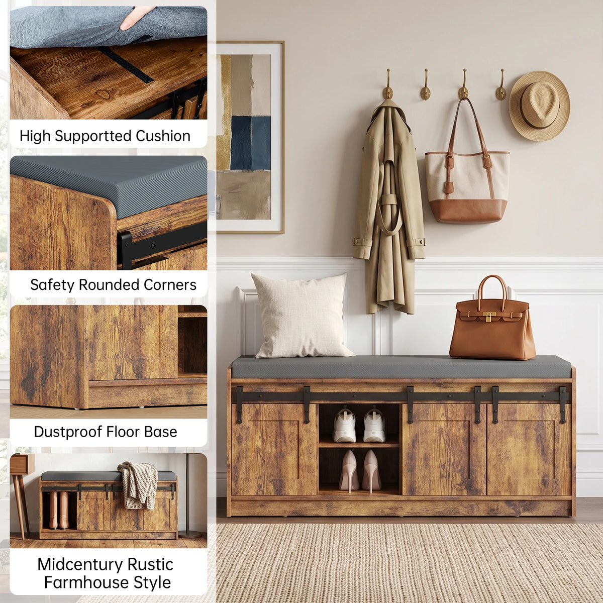 TinyNest Shoe Storage Bench With Linen Cushion Entryway Cabinet
