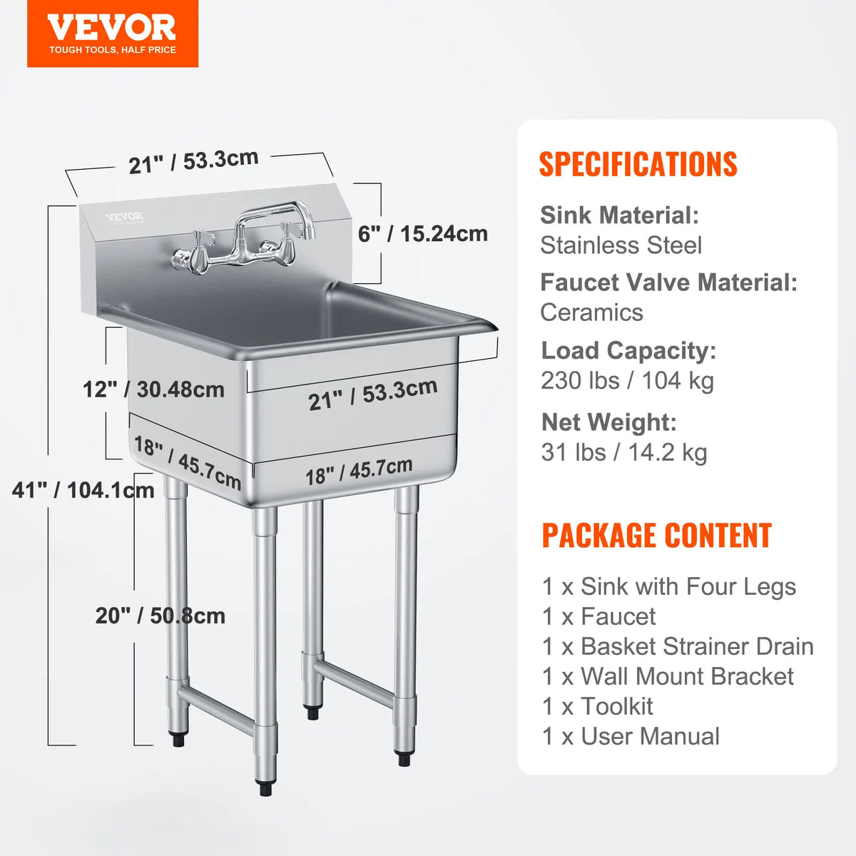 Stainless Steel Commercial Kitchen Sink With Faucet Free Standing Frame