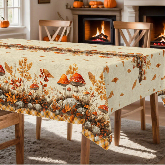 Autumn Vintage Mushroom Pumpkin Polyester Tablecloth