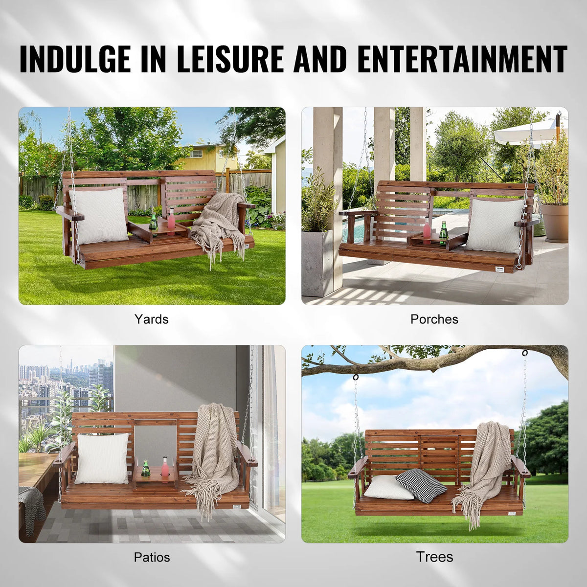 SucceBuy Cedar Wood Porch Swing Outdoor Bench With Steel Chains