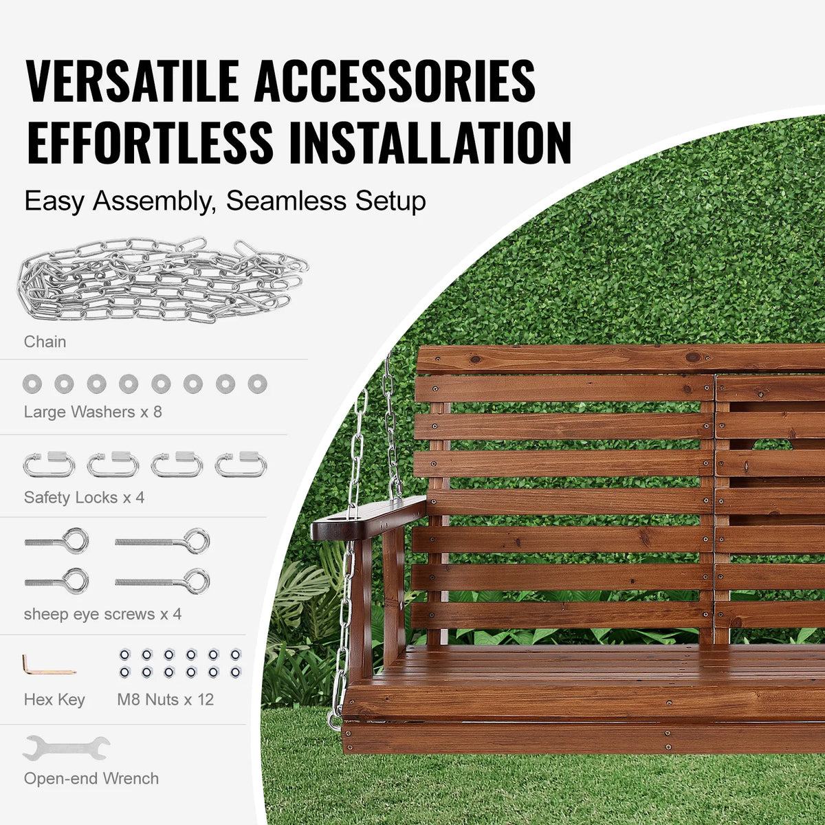 SucceBuy Cedar Wood Porch Swing Outdoor Bench With Steel Chains