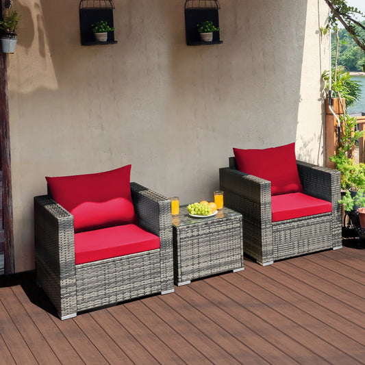 HOMASIS 3 Piece Patio Rattan Bistro Set Cushioned Sofa Chairs Table