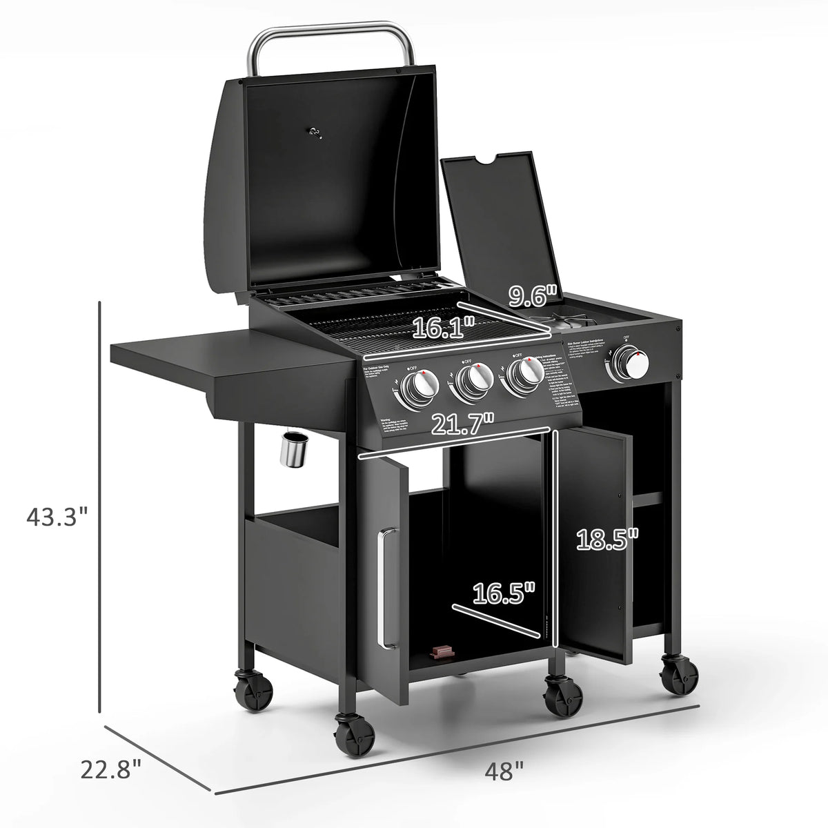 3 Burner Gas Grill With Side Burner And Shelves Propane BBQ