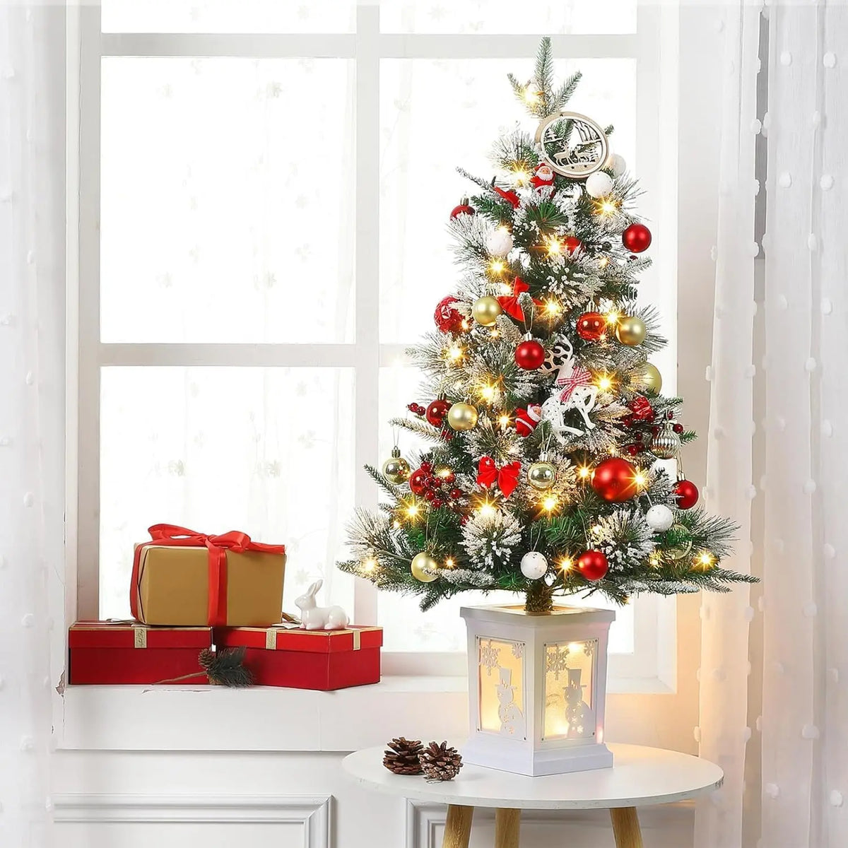 Pre-Lit Artificial Christmas Trees With Potted Bases, 8 Lighting Modes