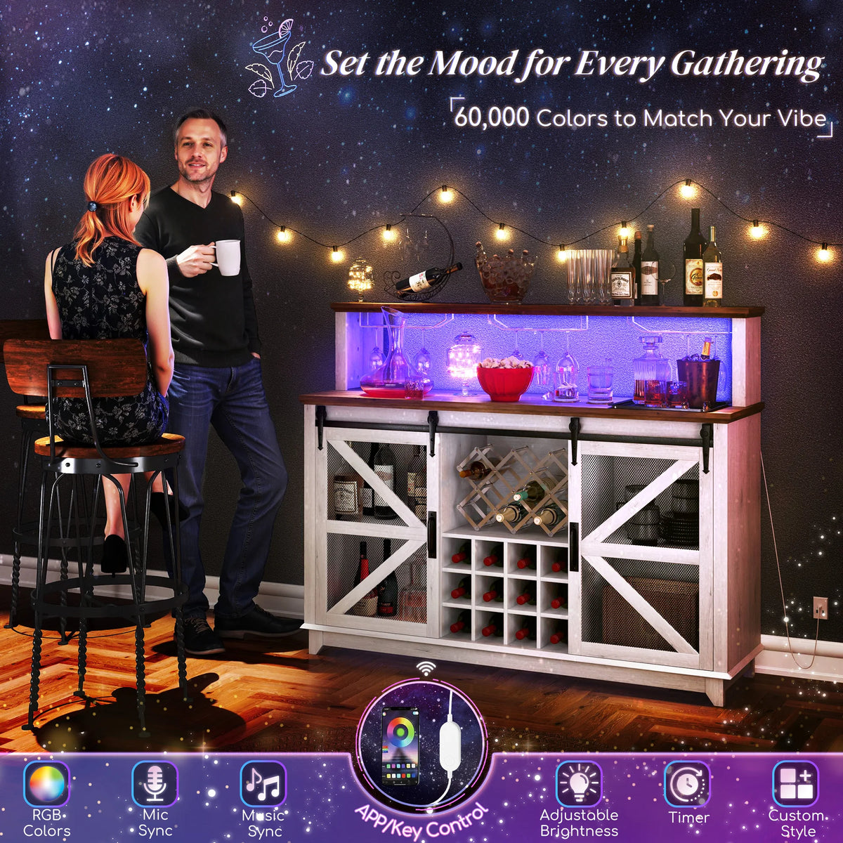 Farmhouse Coffee Bar Cabinet With App Controlled LED Lights