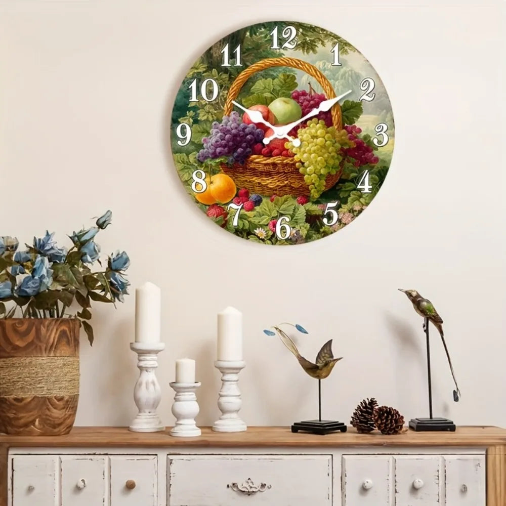 Silent Wall Clock Rustic Farmhouse Wood Fruit Basket Design