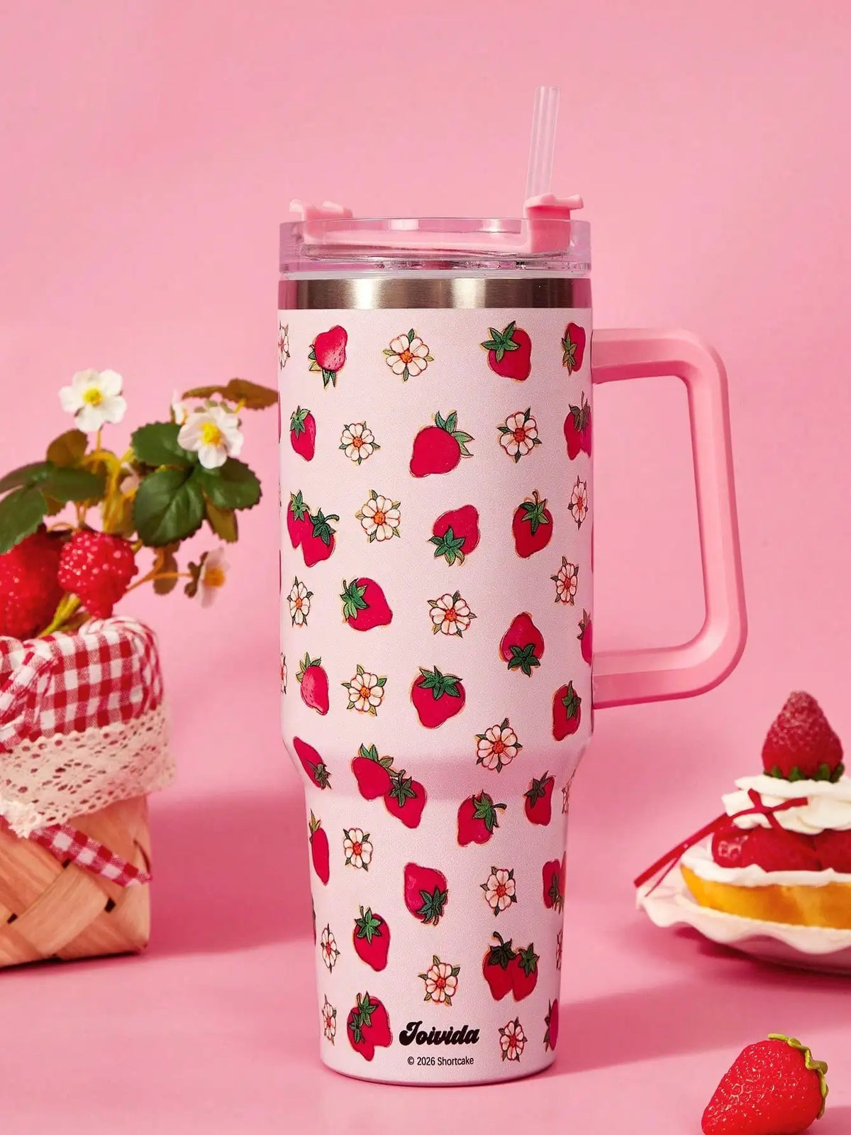 Strawberry Shortcake X POKOJA LAND 40oz Stainless Steel Tumbler Water Bottle/Coffee Cup With Handle And Straw, Leakproof, Insulated (Keeps Drinks Hot Or Cold)