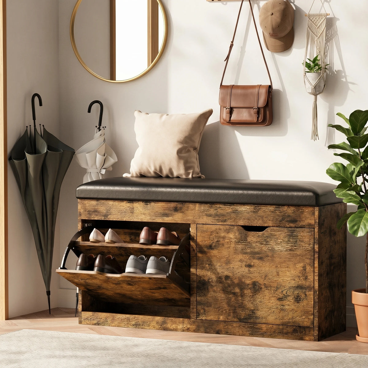 Shoe Storage Bench with Lift Top, 2 Flip Drawers & Padded Seat Cushion - Entryway, Hallway, Living Room Shoe Organizer Cabinet