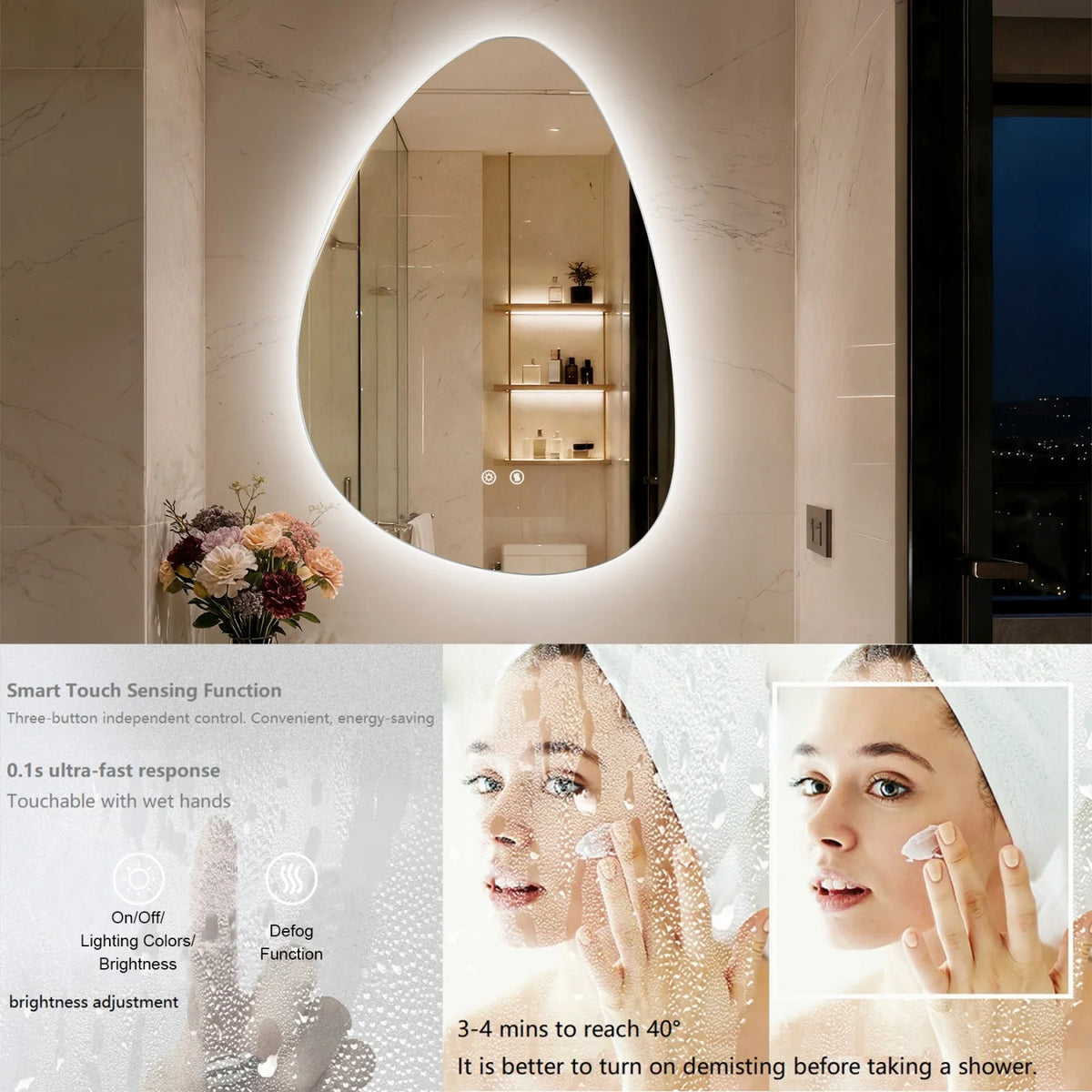 LED Wall Mounted Bathroom Mirror With Anti Fog And Three Color Settings