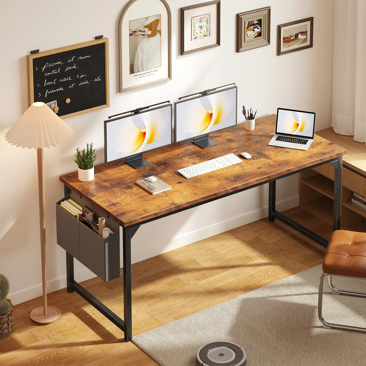JHK Computer Desk With Storage Bag Metal Frame Wood Tabletop