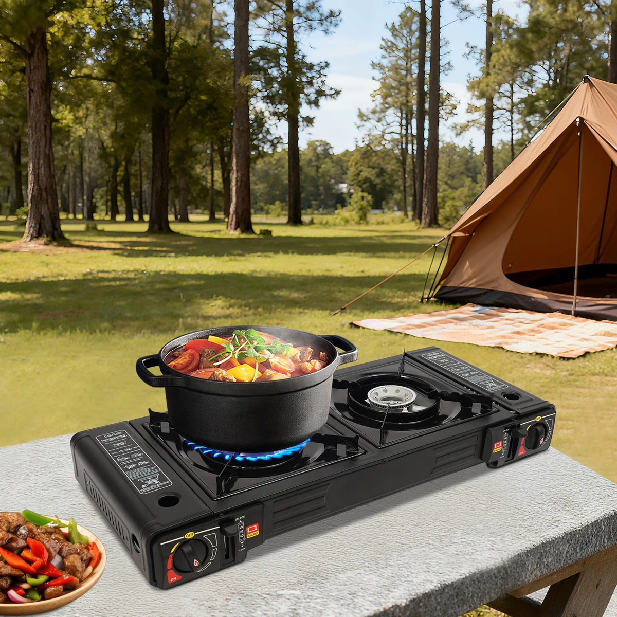 2 Burner Portable Camping Stove With Piezo Ignition For Butane Or LPG