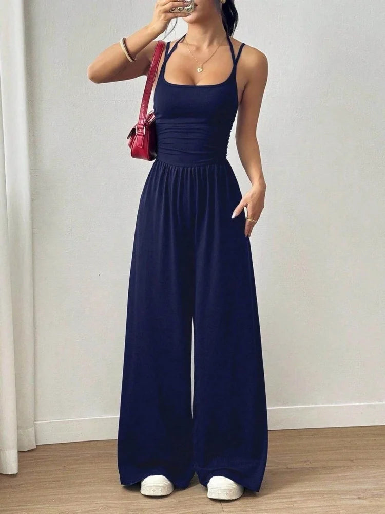 Women's Polyester Solid Square Neck Ruched Waist Wide Leg Jumpsuit
