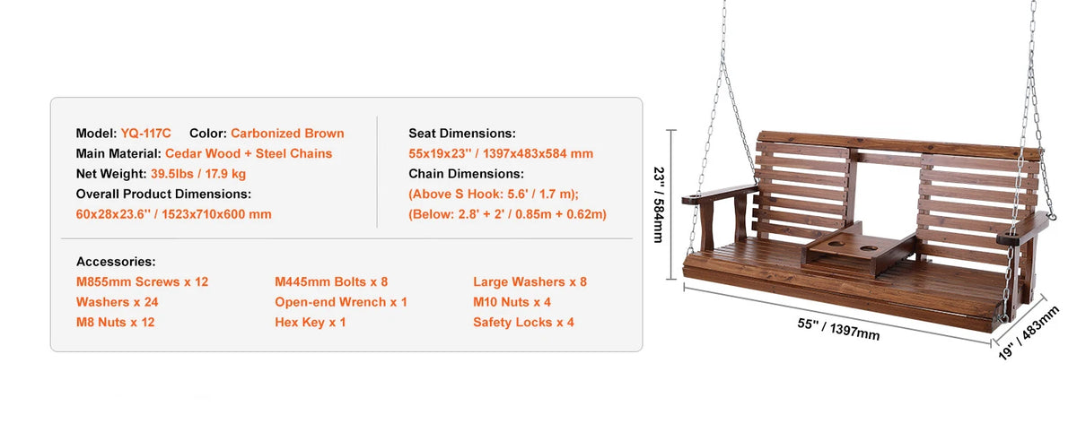 SucceBuy Cedar Wood Porch Swing Outdoor Bench With Steel Chains