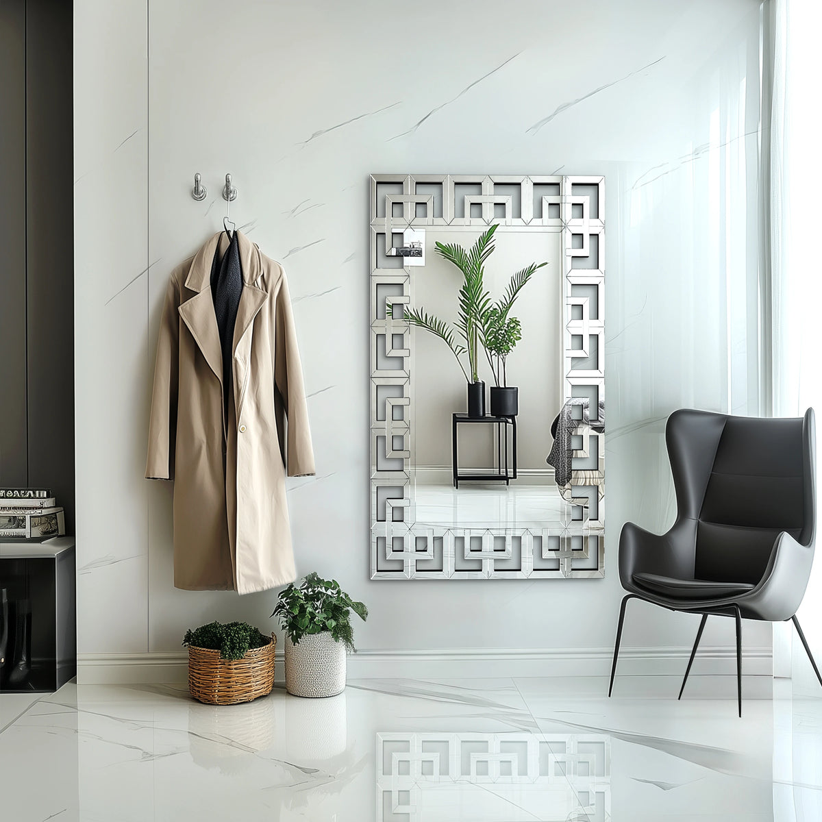 Venetian Style Rectangle Silver Art Mirror With Beveled Glass Edge