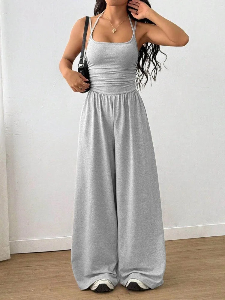 Women's Polyester Solid Square Neck Ruched Waist Wide Leg Jumpsuit