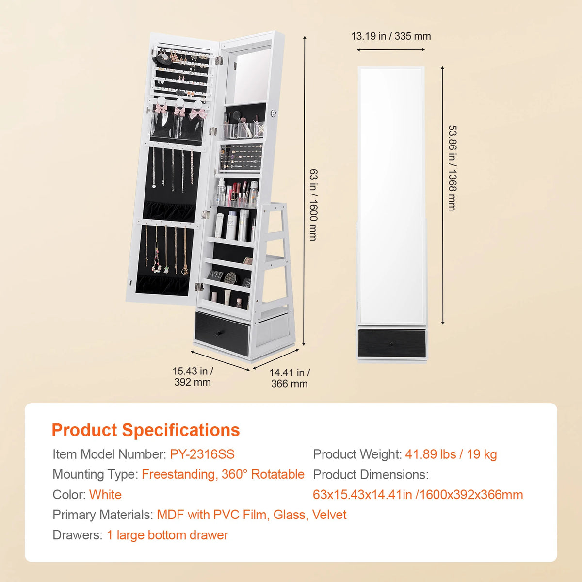 SucceBuy Mirror Jewelry Cabinet 360 Degree Swivel With Lockable Storage