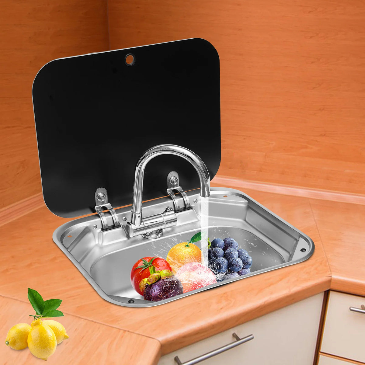 RV Sink With Foldable Tempered Glass Cover And Faucet Stainless Steel Camper Van