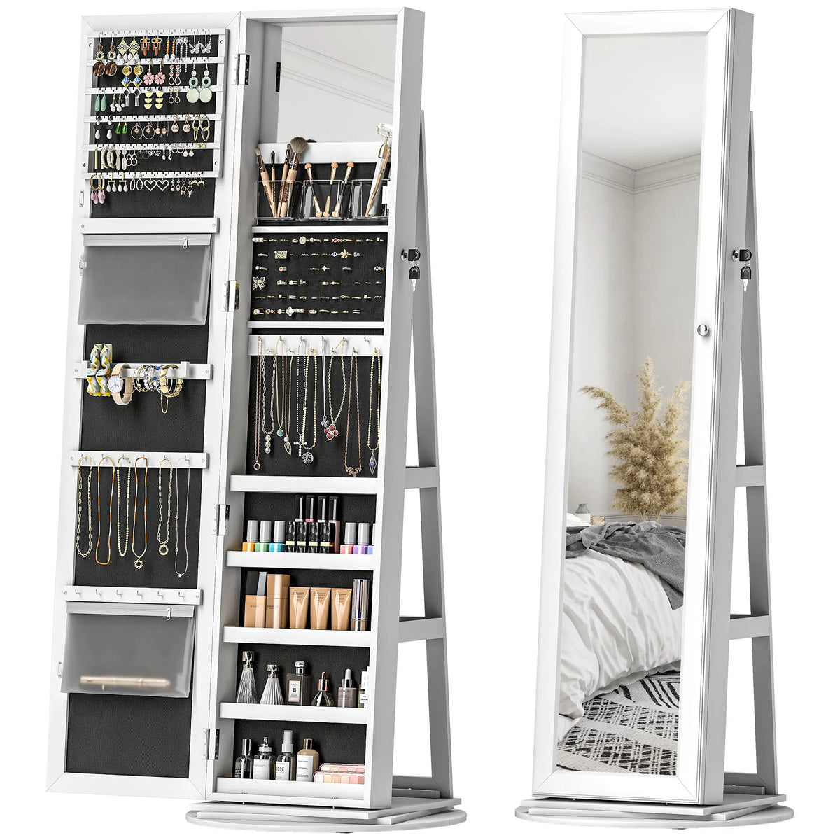 360 Degree Swivel Jewelry Cabinet Armoire With Lockable Full Length Mirror