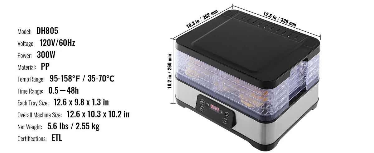 VEVOR 5 Tray Food Dehydrator Stainless Steel Dryer With Timer