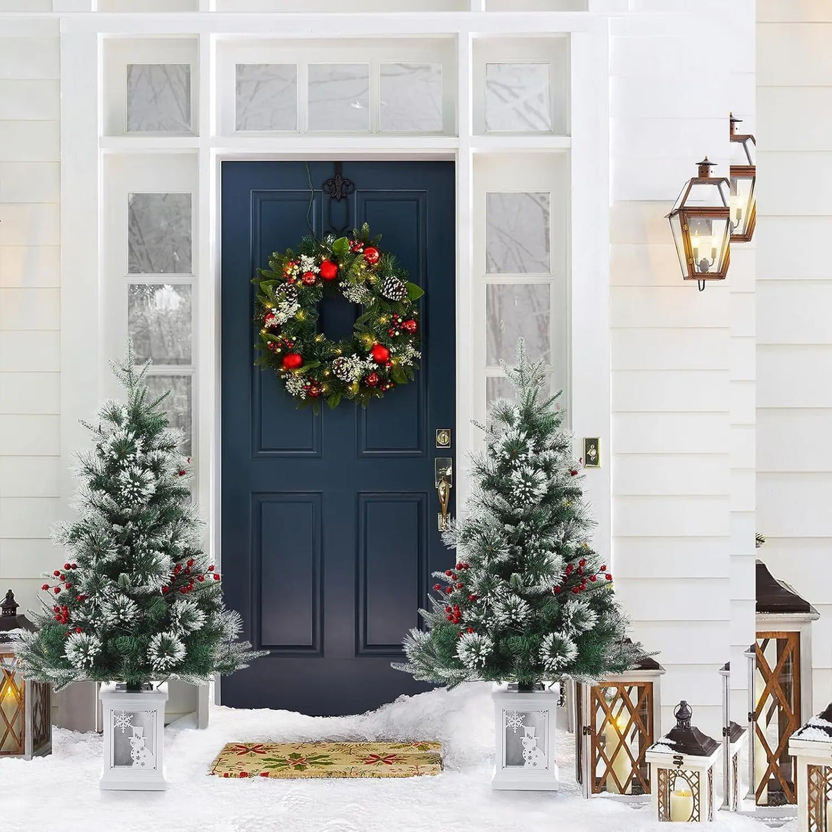 Pre-Lit Artificial Christmas Trees With Potted Bases, 8 Lighting Modes