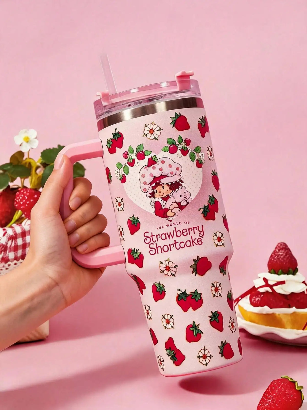 Strawberry Shortcake X POKOJA LAND 40oz Stainless Steel Tumbler Water Bottle/Coffee Cup With Handle And Straw, Leakproof, Insulated (Keeps Drinks Hot Or Cold)