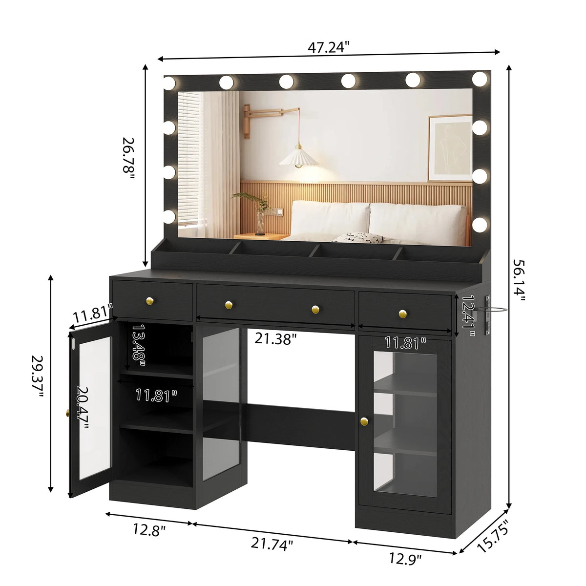 Makeup Vanity With Large Mirror And Lights USB Charging Station