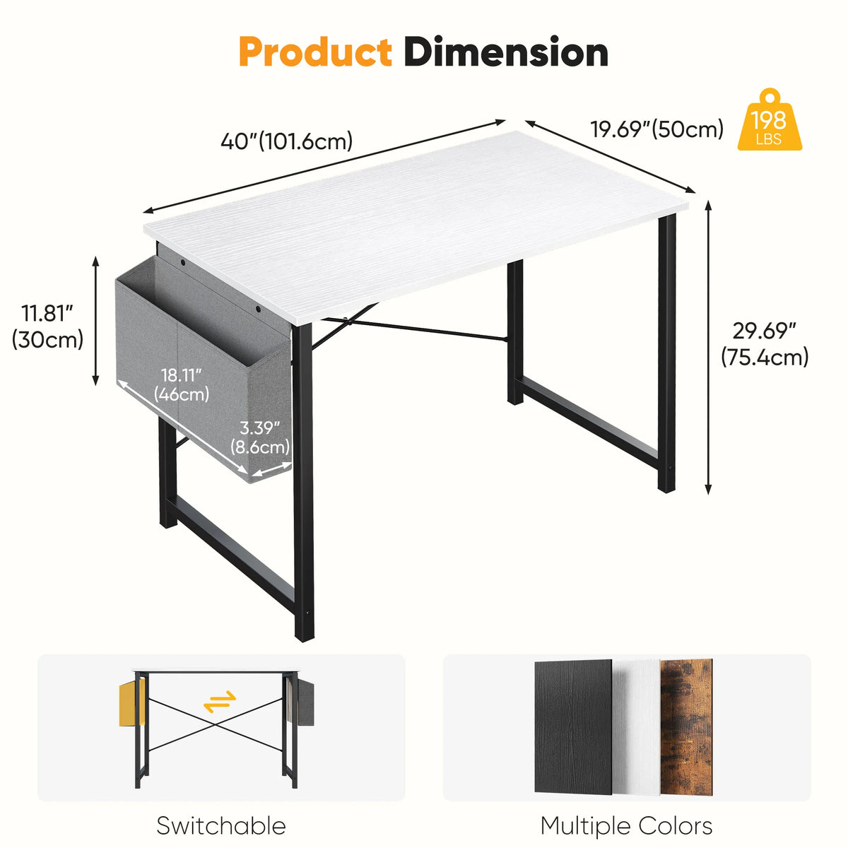 JHK Computer Desk With Storage Bag Metal Frame Wood Tabletop