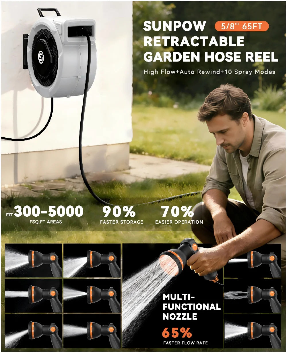 SUNPOW Retractable Garden Hose Reel,5/8in×100FT Wall‑Mount Heavy‑Duty Reel,Any Length Lock,Pulley Guide Rail System,Leak‑Proof 3/4in Brass Fitting,10‑Function Spray Nozzle,180° Swivel Bracket,Auto Rewind for Garden