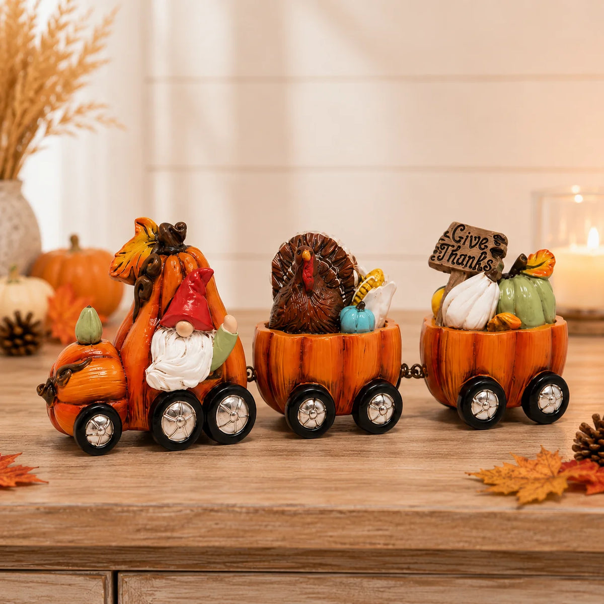 Hodao Resin Thanksgiving Pumpkin Train Figurine With Gnome And Turkey