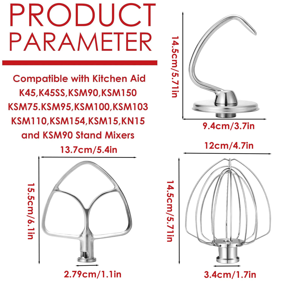 Stainless Steel 3-Piece Mixer Attachment Set For Tilt-Head Mixers