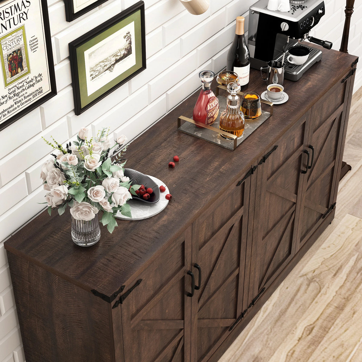 QiaoShiRen Buffet Cabinet With Drawers And Doors Farmhouse Kitchen