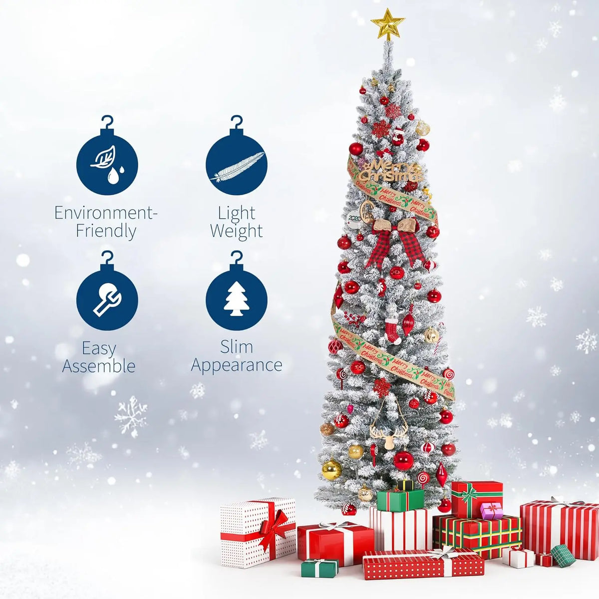 Studyset Artificial Pencil Christmas Tree With Snow Flocking Branches
