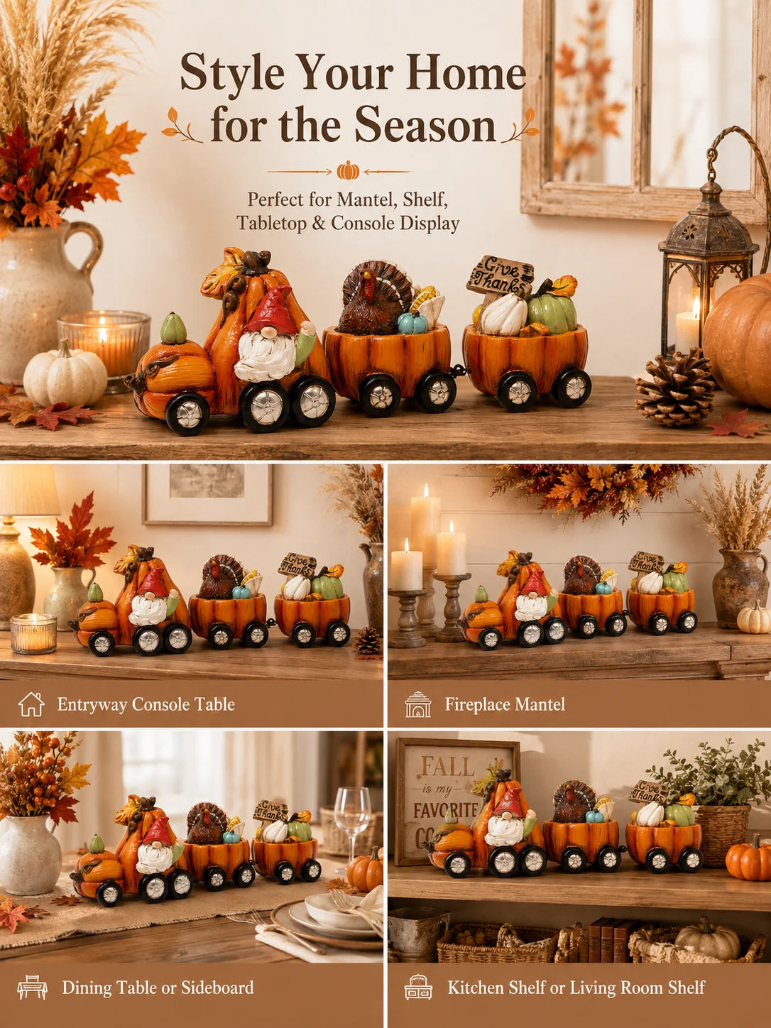 Hodao Resin Thanksgiving Pumpkin Train Figurine With Gnome And Turkey