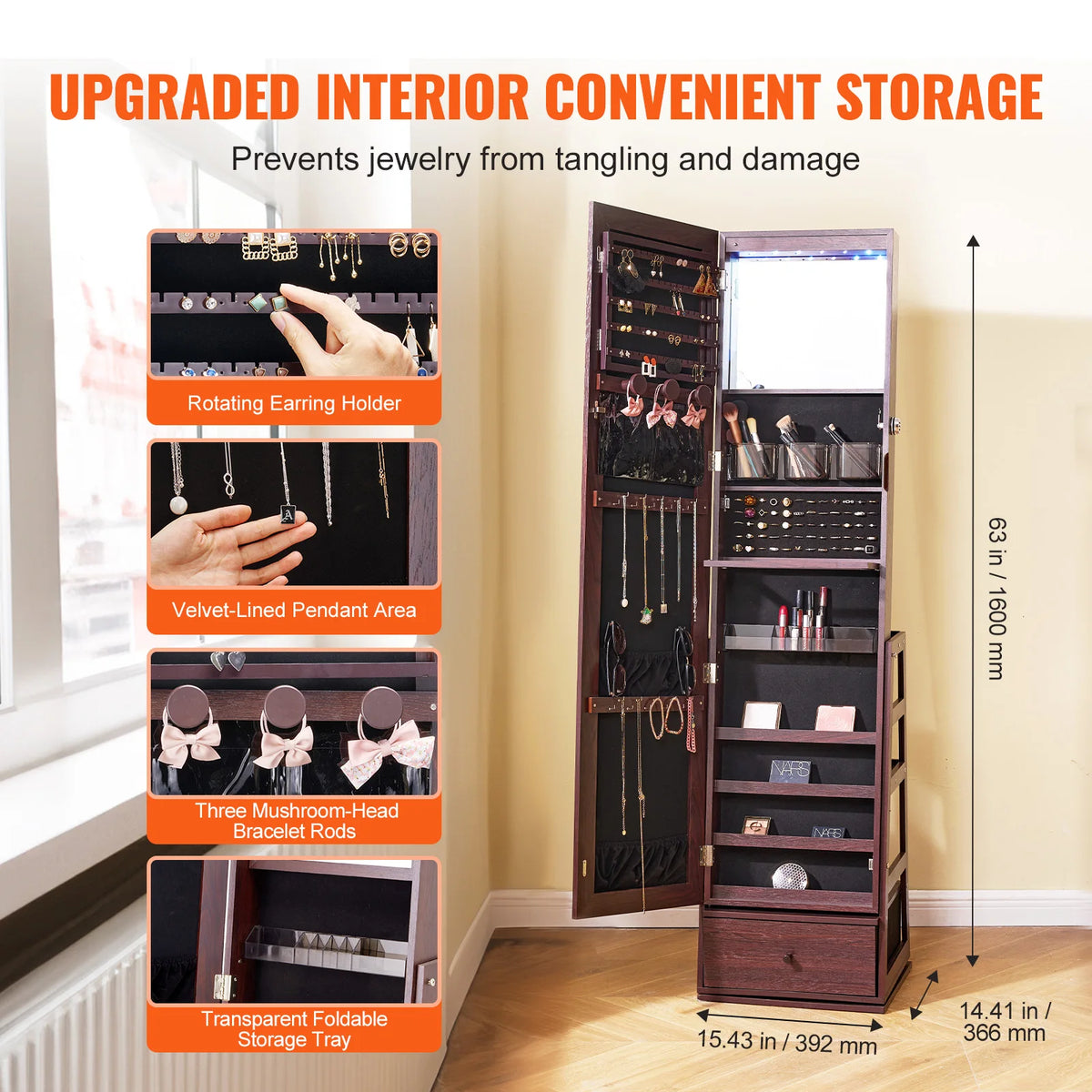 SucceBuy Mirror Jewelry Cabinet 360 Degree Swivel With Lockable Storage