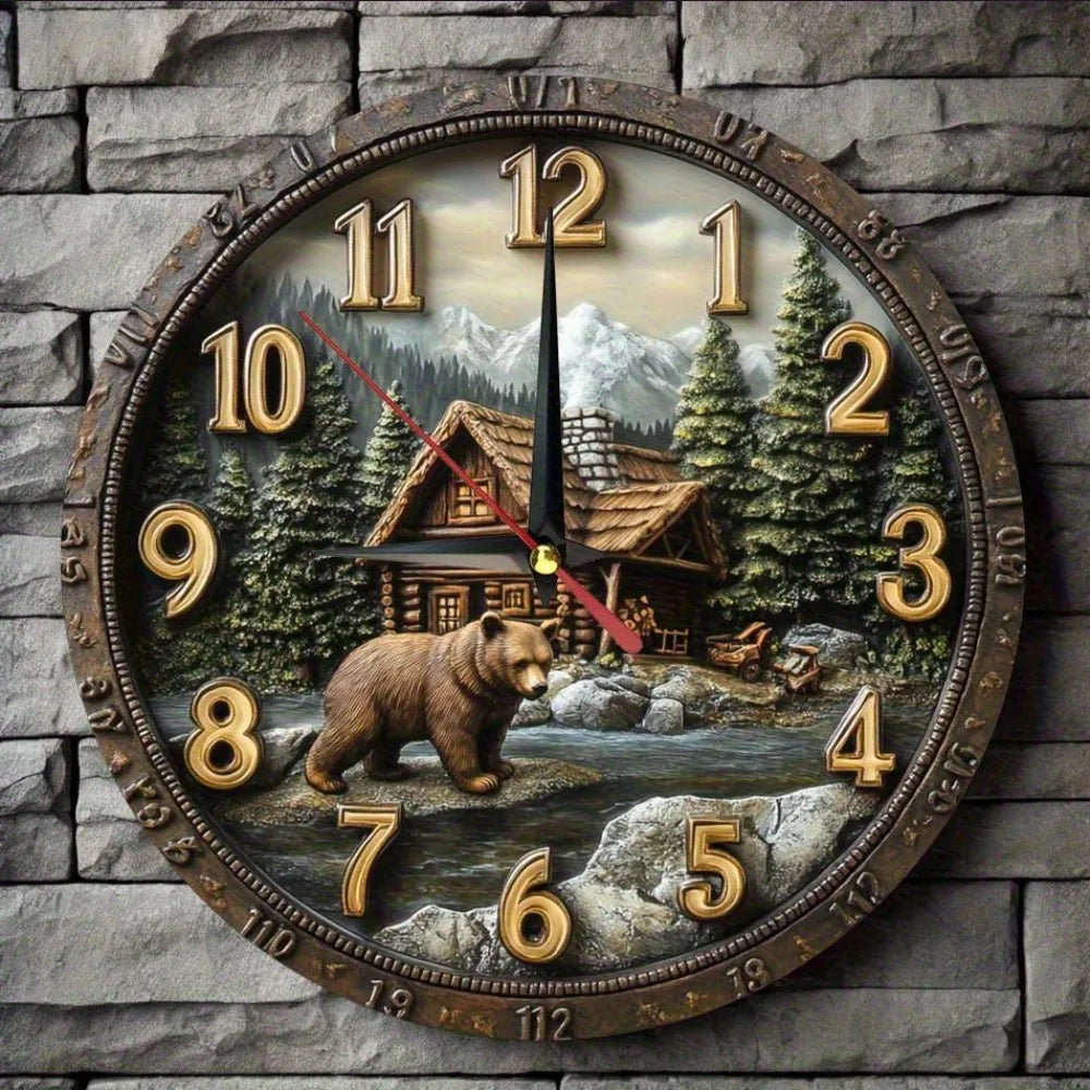 XMSJ Rustic Farmhouse Wall Clock With Bear Cabin Design Quartz