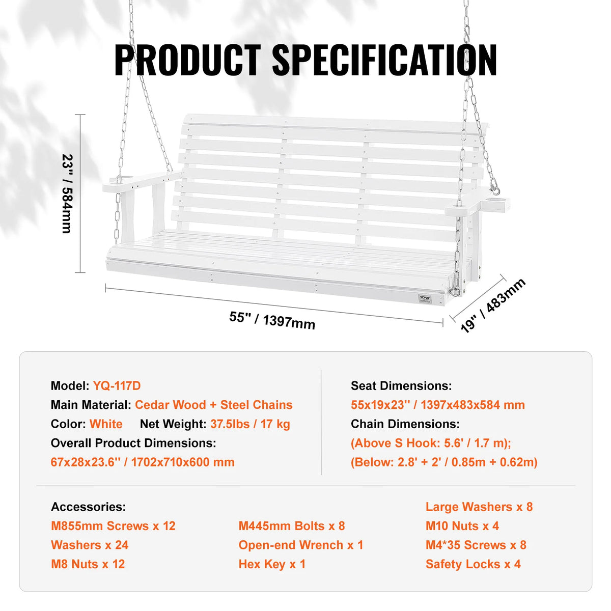 SucceBuy Cedar Wood Porch Swing Outdoor Bench With Steel Chains
