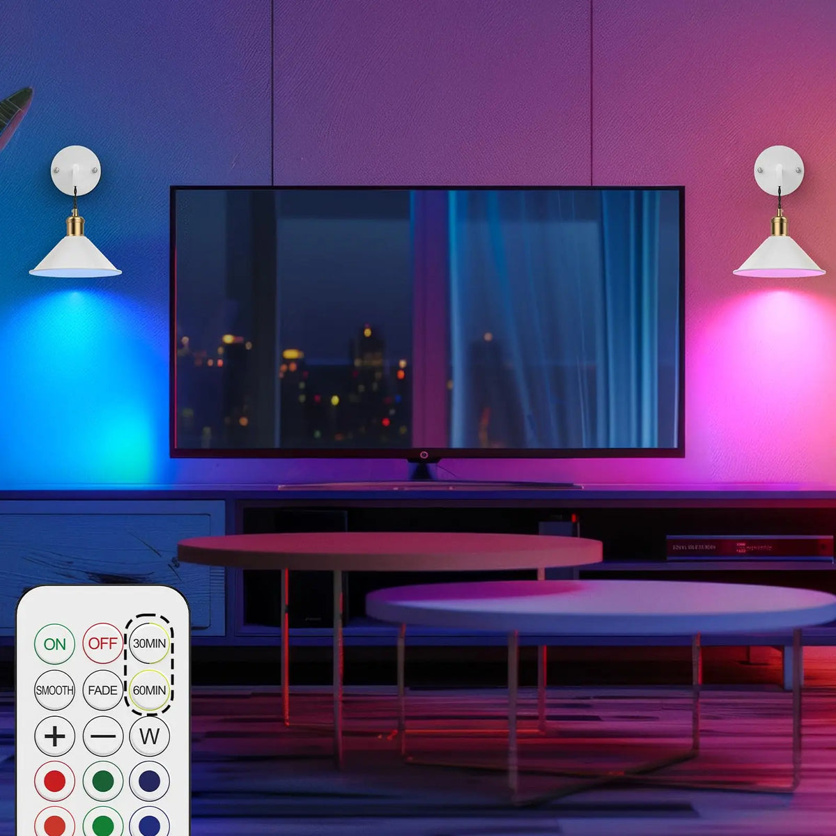 PRTILOUD 2 Pack Battery Operated Wall Sconces With Remote Dimmable Warm RGB