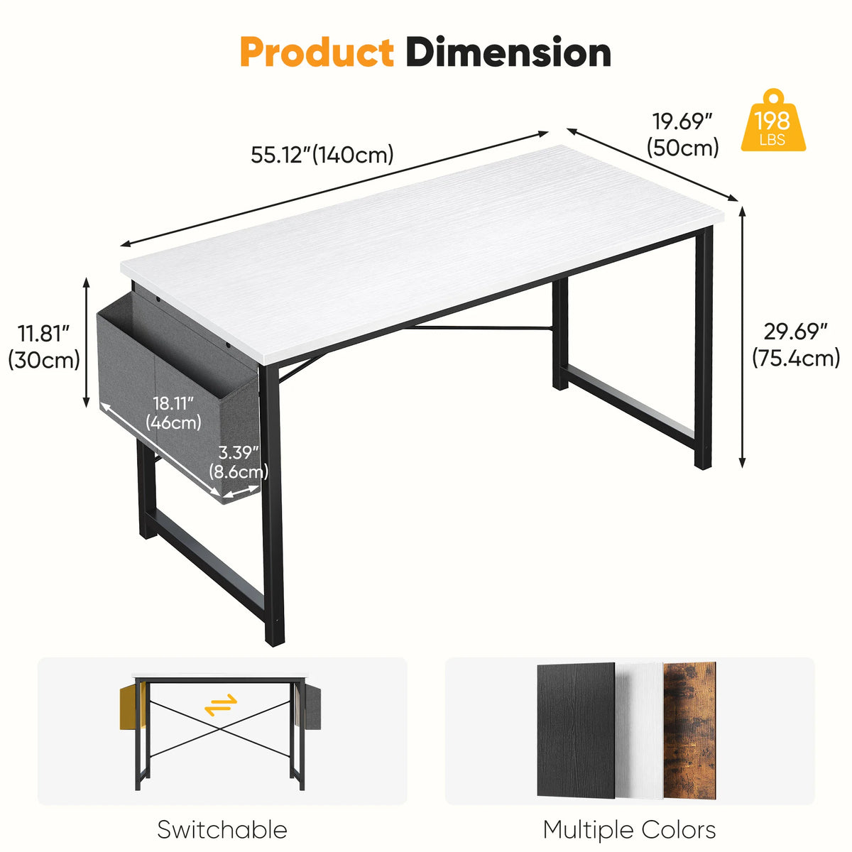 JHK Computer Desk With Storage Bag Metal Frame Wood Tabletop